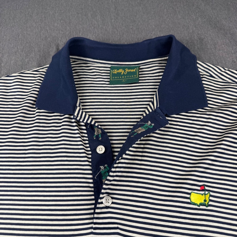 Bobby Jones Collection Masters Golf Polo Shirt Mens Large Navy White Striped